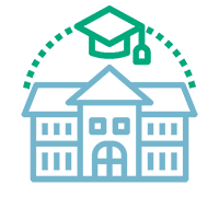 icon of university building and graduation cap above.